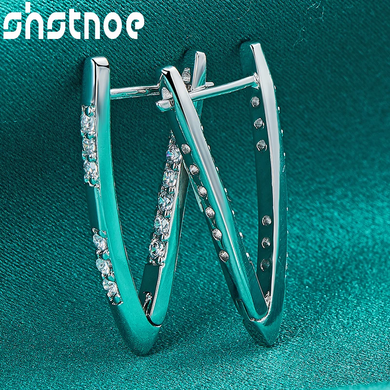 

SHSTONE Hot 925 Sterling Silver AAA Zircon V-shaped Hoop Earrings For Women Christmas Romantic Valentine's Jewelry Free Shipping