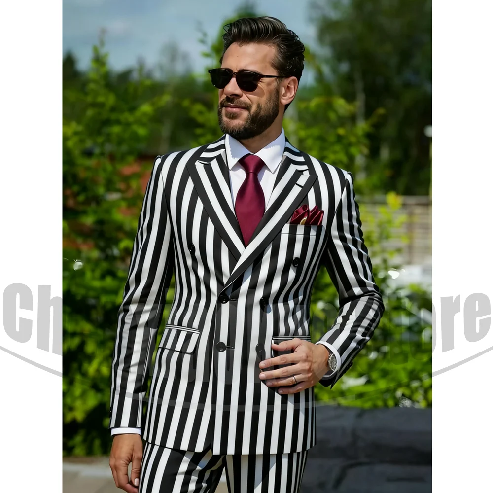 

Men's Striped Double Breasted Suit Set Slim Fit Formal Blazer and Pants Two Piece Outfit Stylish Wedding Party Business Suits