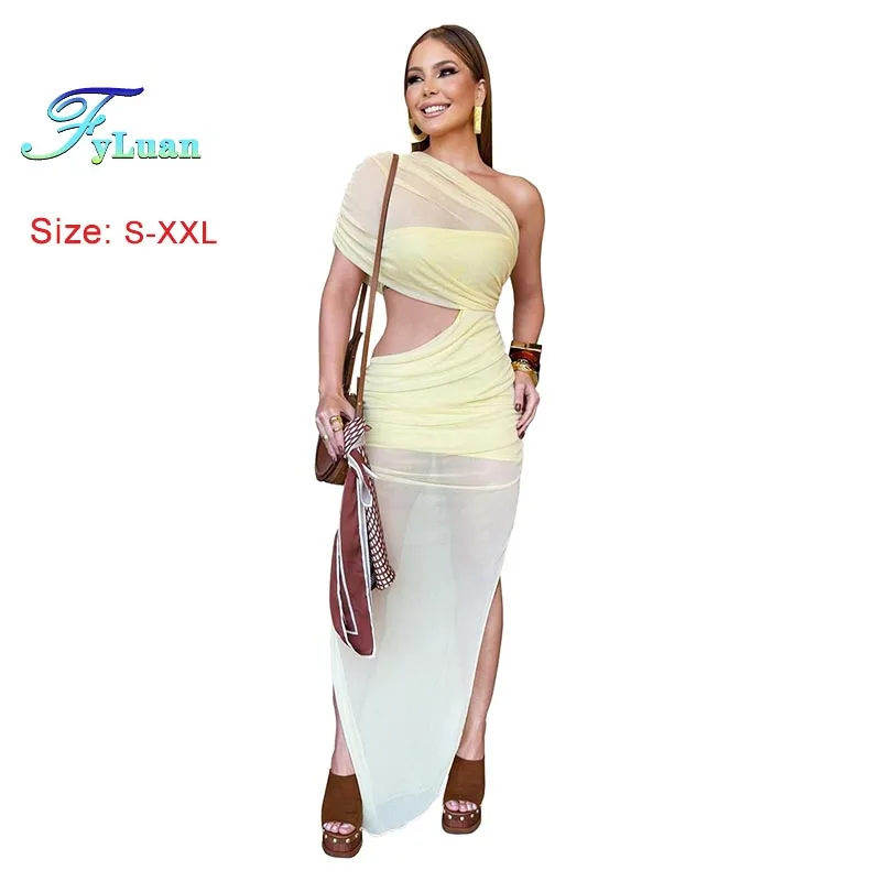 ชุดเดรสออกงานผ้าตาข่ายซีทรูแบบเซ็กซี่ ไหล่เฉียง ผ่าข้าง สีพื้น ทรงไม่สมมาตร สไตล์ยุโรปและอเมริกา