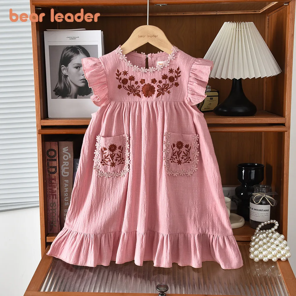Bear Leader Pink Flower Embroidered Girls' Dress Summer New Retro Pocket Sleeveless Little Girls' Dresses 2026 Kids Clothing