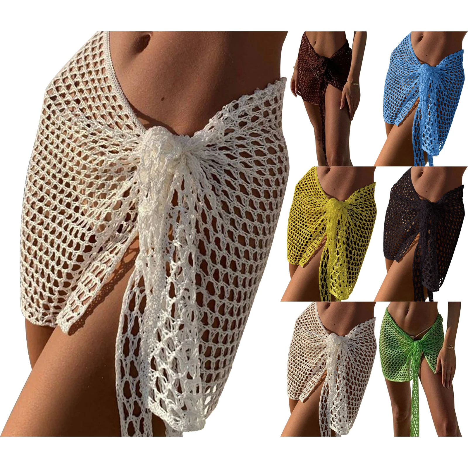 Women Beach Skirt Cover-up Skirt Hollowed Solid Summer Mini Knitted Skirt for Vacation Seaside