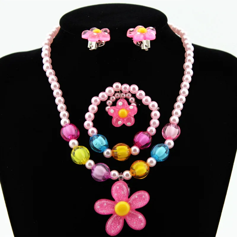 Baby Girls Imitation Pearls Jewelry Set Kids Sun Flower Necklace Bracelet Rings Flower Stud Earrings Children Party Jewelr Gift