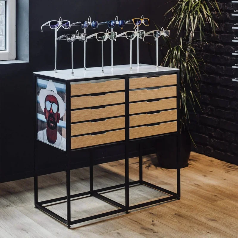custom.Freestanding Metal Eyewear Display Cabinet with 10 Drawers/Removable Trays and Lockable Acrylic Top Frame Holders
