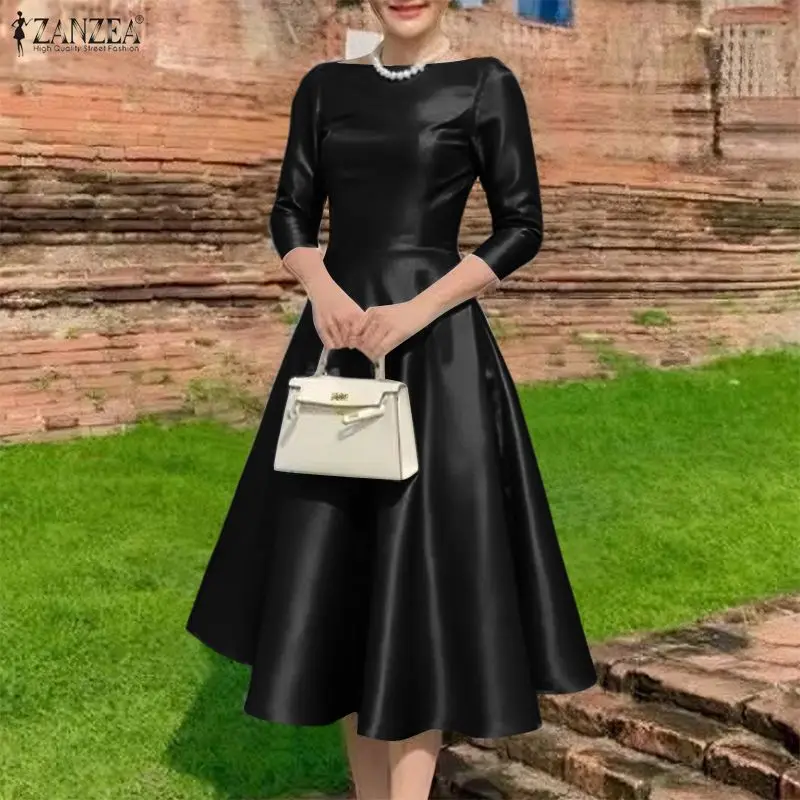 ZANZEA Elegante Abito Midi da Festa in Raso Nero, Vestito da Donna con Scollo a Barca e Maniche 3/4, Linea ad A, per Ospiti di Matrimonio