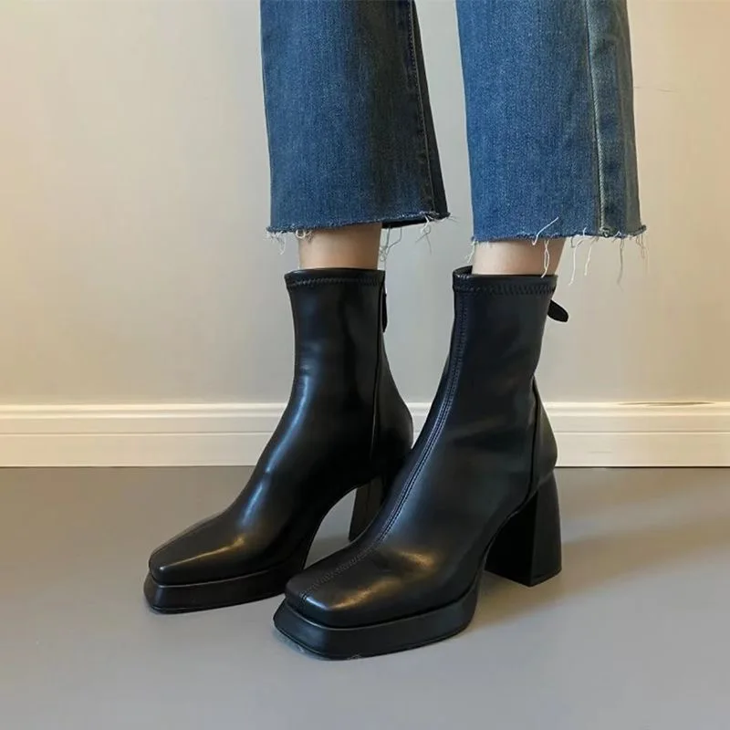 

Square Toe High-heeled Short Boots for Women 2025 New Autumn and Winter Thick Soled Ankle Boots Fashionable Retro Short Boots