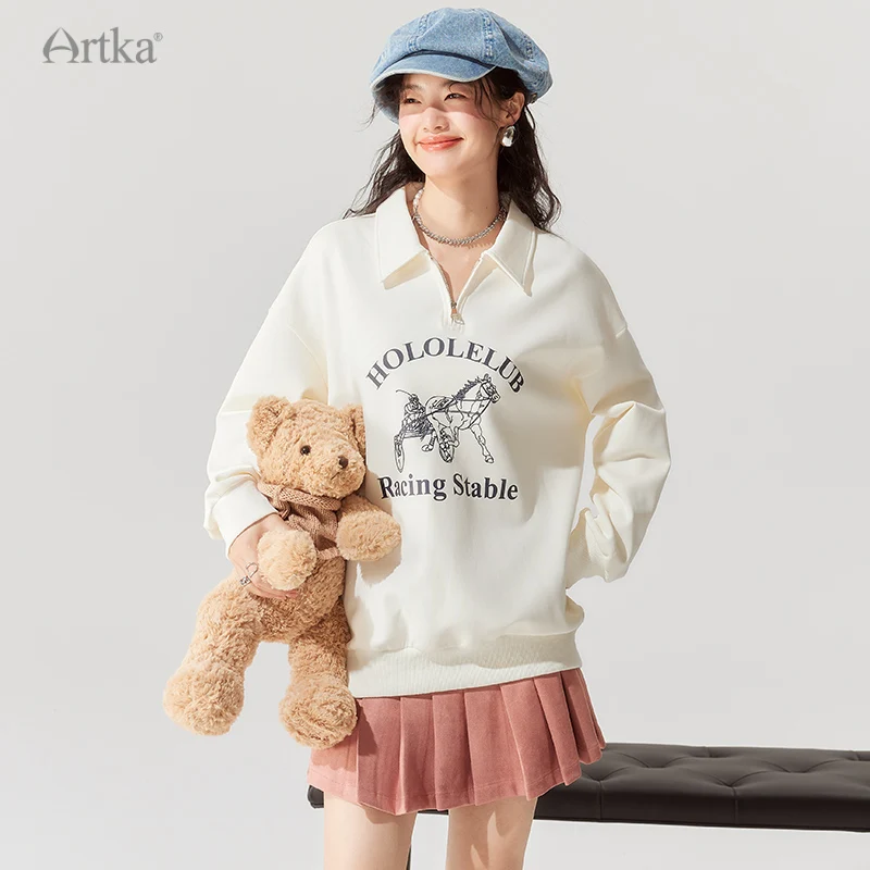 ARTKA 2023 Autumn New Fashion Casual Polo Collar Pullover Sweatshirts Long Sleeve Loose Printed Sweatshirt Female VA92331Q