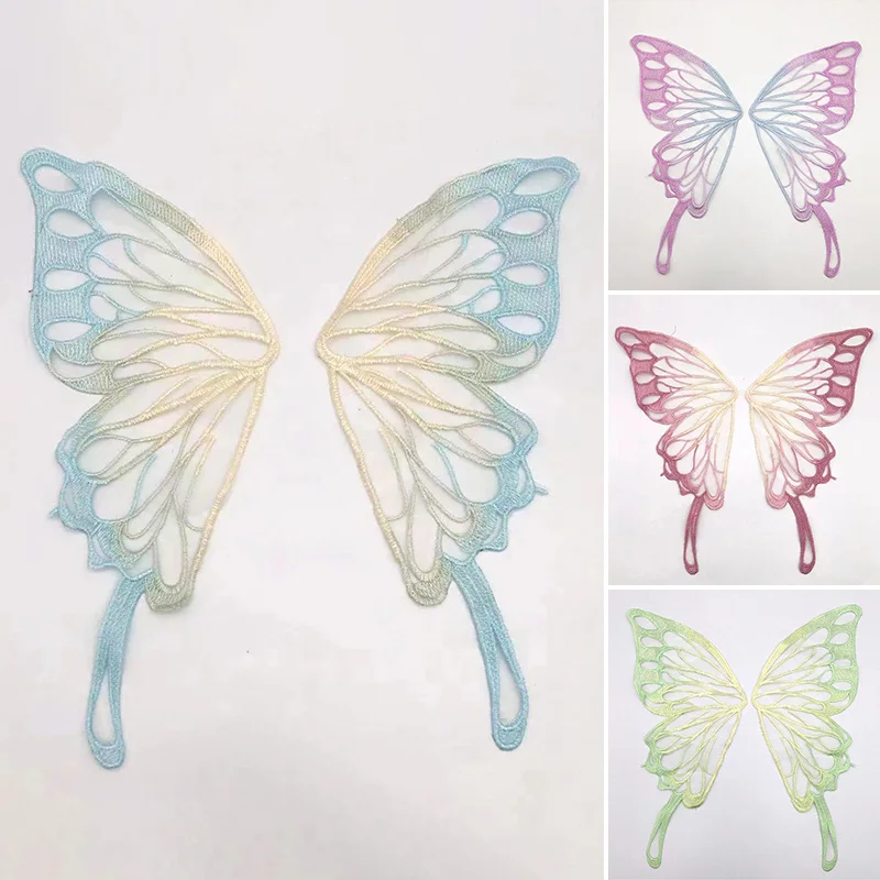 1Pair Embroidered Butterfly Pattern Appliques Lace Collar Iron On Patches for Dress Butterfly Wing Appliques DIY Craft Decora