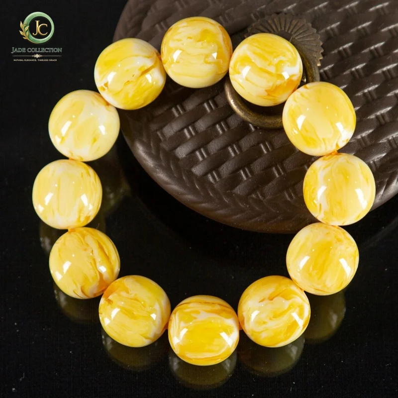 Natural Chicken Oil Yellow Beeswax Hand Carved 20mm Round Bead Jade Bracelet  Boutique Jewelry Men's and Women's Bracelet Gift