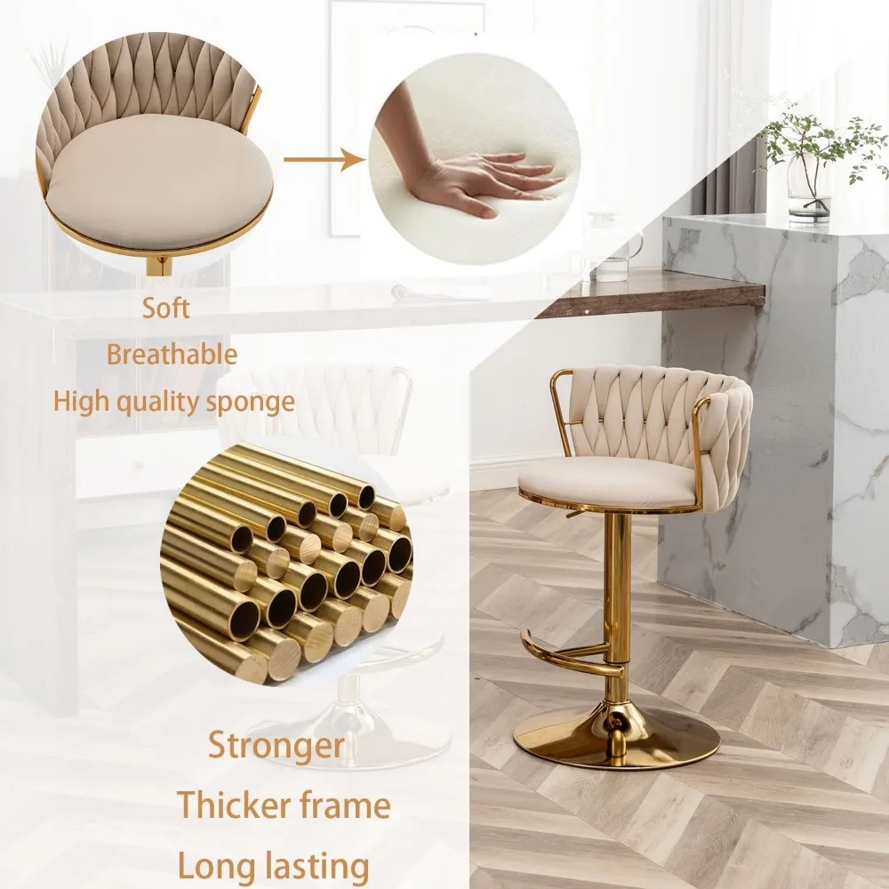 Woven Bar Stools Set of 4, Counter Height Bar Stools with Low Back, Gold Swivel Barstools for Kitchen Island, Bar Pub