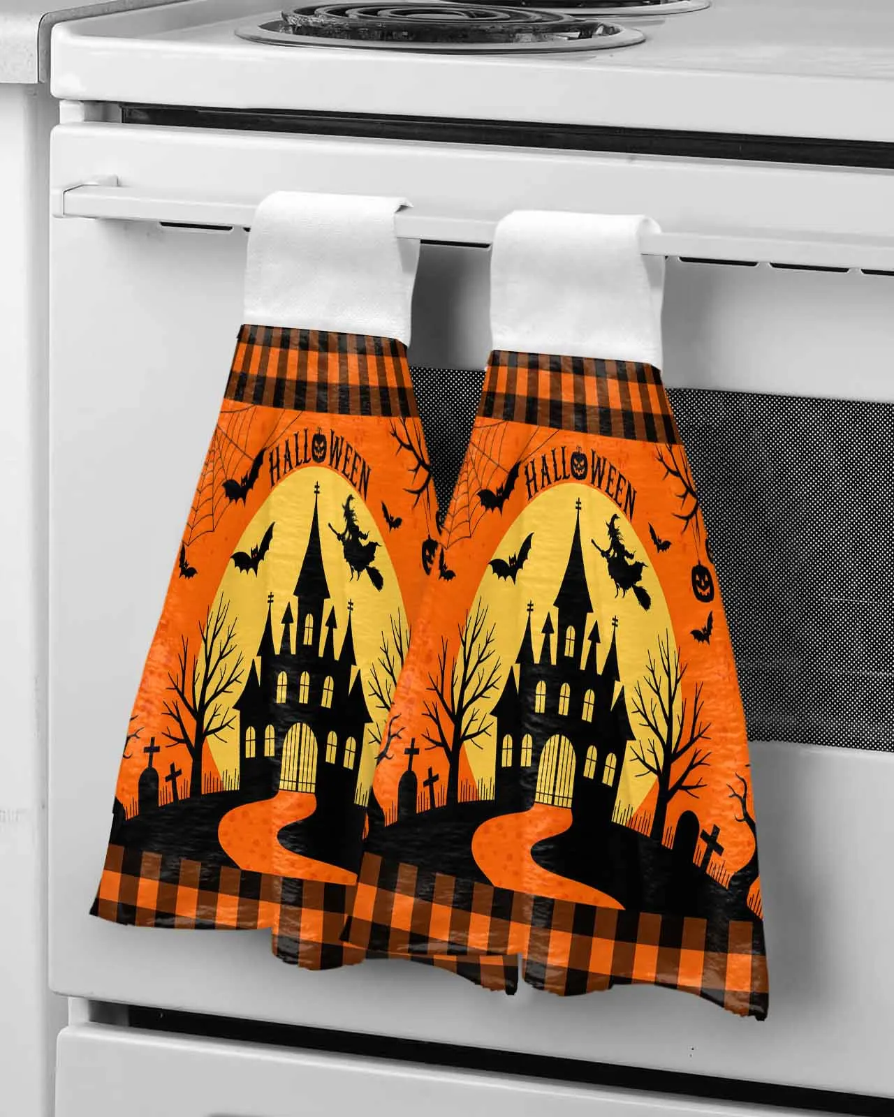 

Halloween Castle Tombstone Plaid Wipe Hand Towel Absorbent Hanging Towels Home Kitchen Wipe Dishcloths