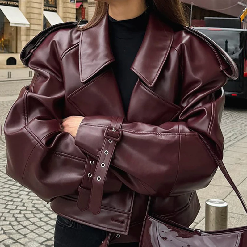 Fashion Lapel Wine Red Leather PU Jacket Autumn Winter Women's Jackets Vintage Long Sleeve Crop Coats Belt High Street New Coat