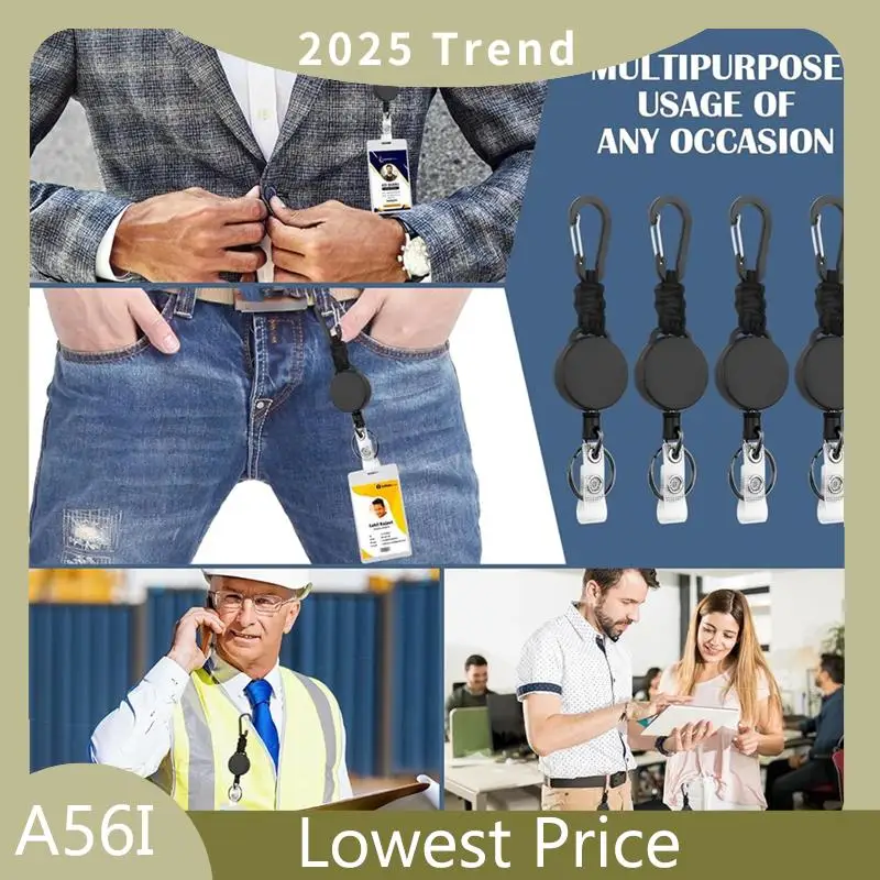 

A56I Top Retractable Keychain 4 Pack Heavy Duty Key Rings Retractable Lanyard Badge Holder With Steel Cord Carabiner ID Holder