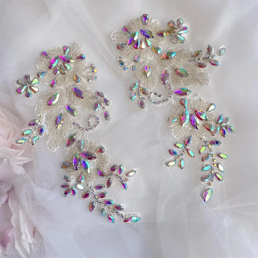 1 Paar handgenähte Glasbohrer-Spiegelblumen, funkelnde Strass-Blumen, Mäntel, Bündchen, Schultern, Hochzeitskleid, DIY-Patch RS4208