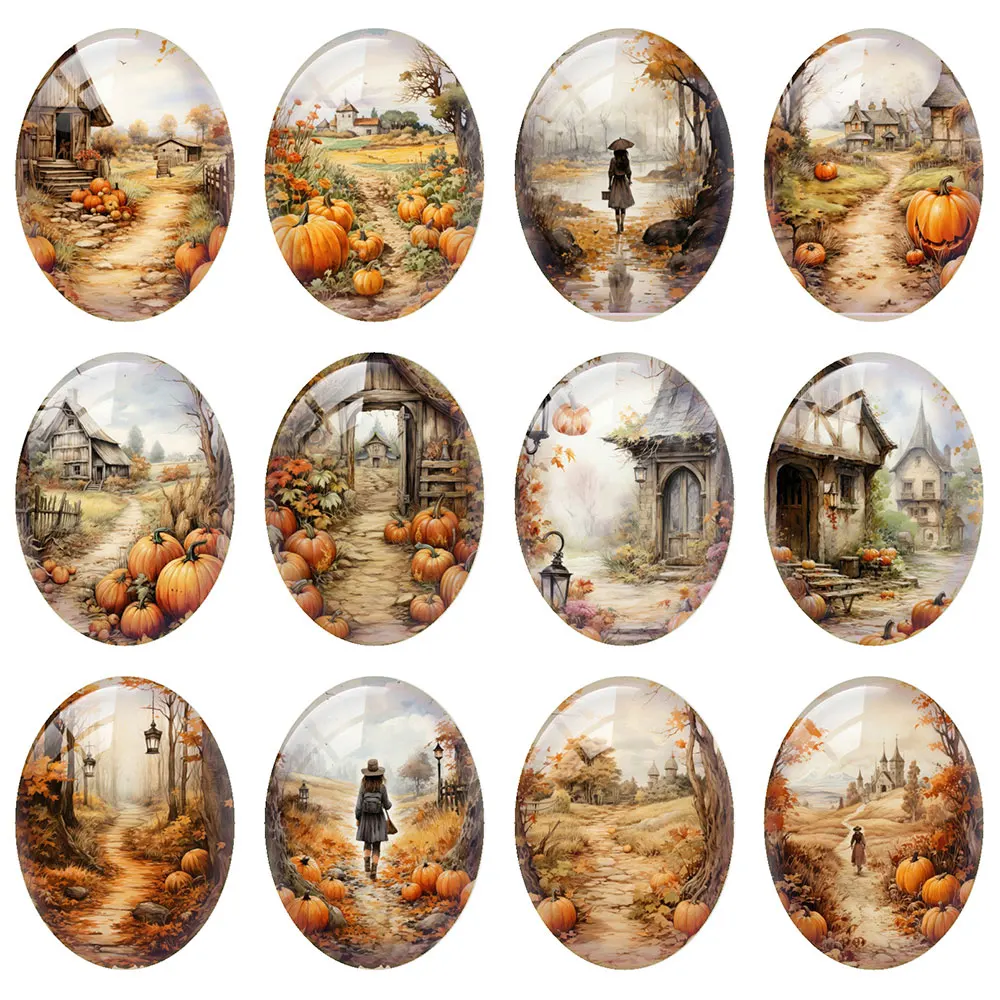 

10pcs/lot Autumn Fall Thanksgiving Oval Photo Glass Cabochon Pumpkin Leaf Flatback Charms Demo Cameo For Diy Jewelry Making