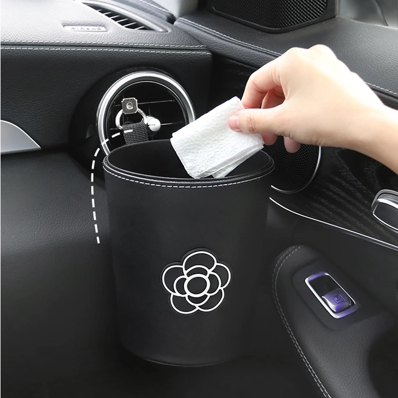 Cute Camellia Flower Car Trash Bin Can for Back Seat Headrest Mini Auto Outlet Air Vent Organizer Rubbish Bag Garbage Storage