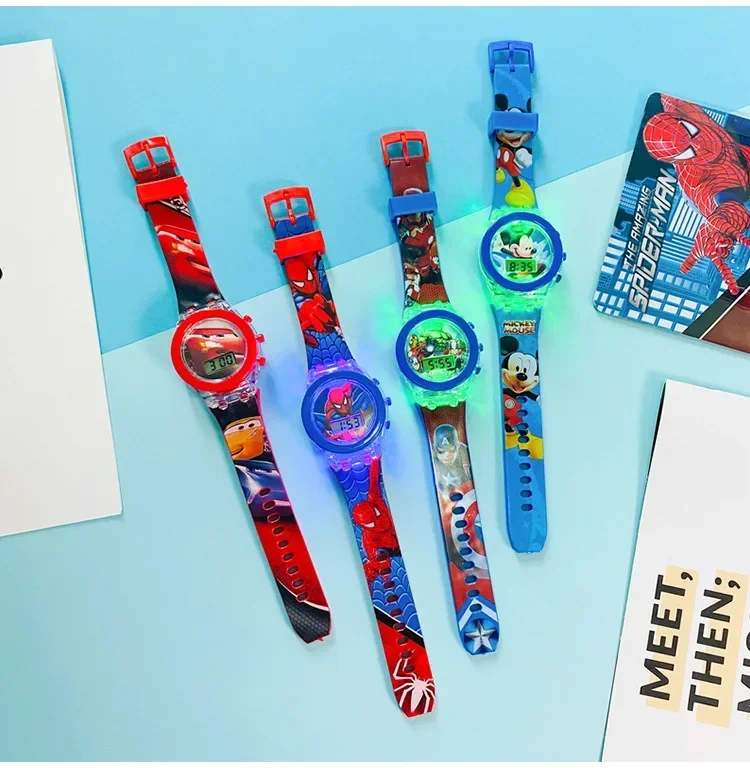 Disney Flash Light Spiderman Kids Watches for Boys Cartoon Anime Shark Mickey Children Watch Girls Student Clock Birthday Gifts