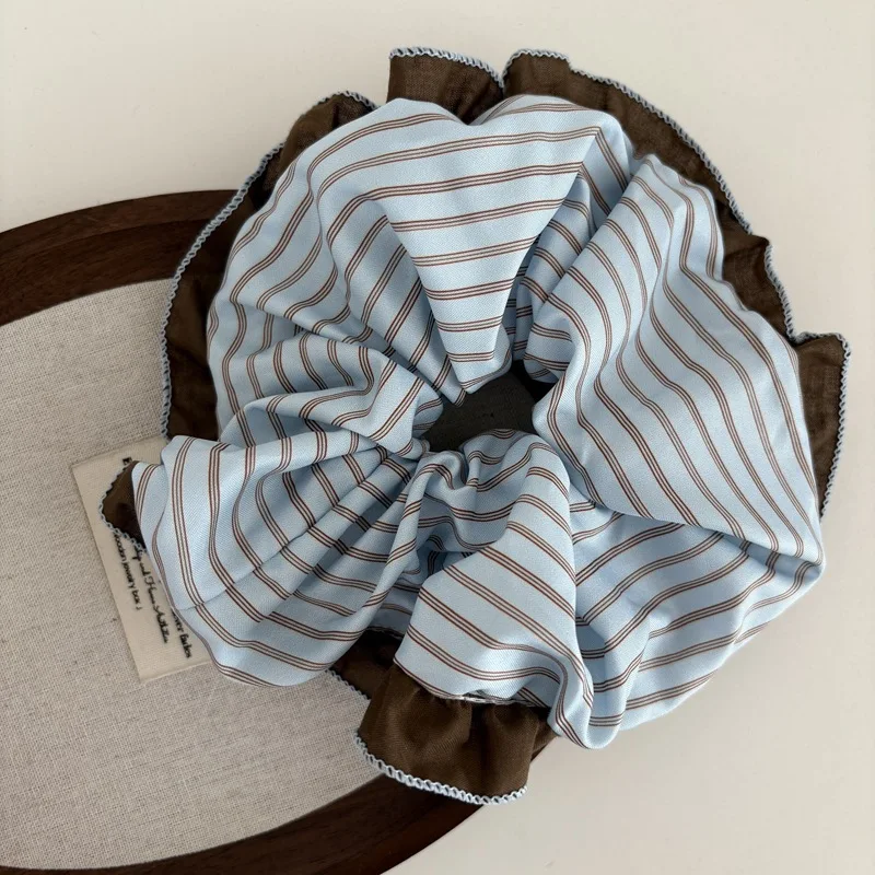 Super beautiful brown and blue color-blocked scrunchie with lace trim, large size hair tie for ponytail, hair accessory. view 4
