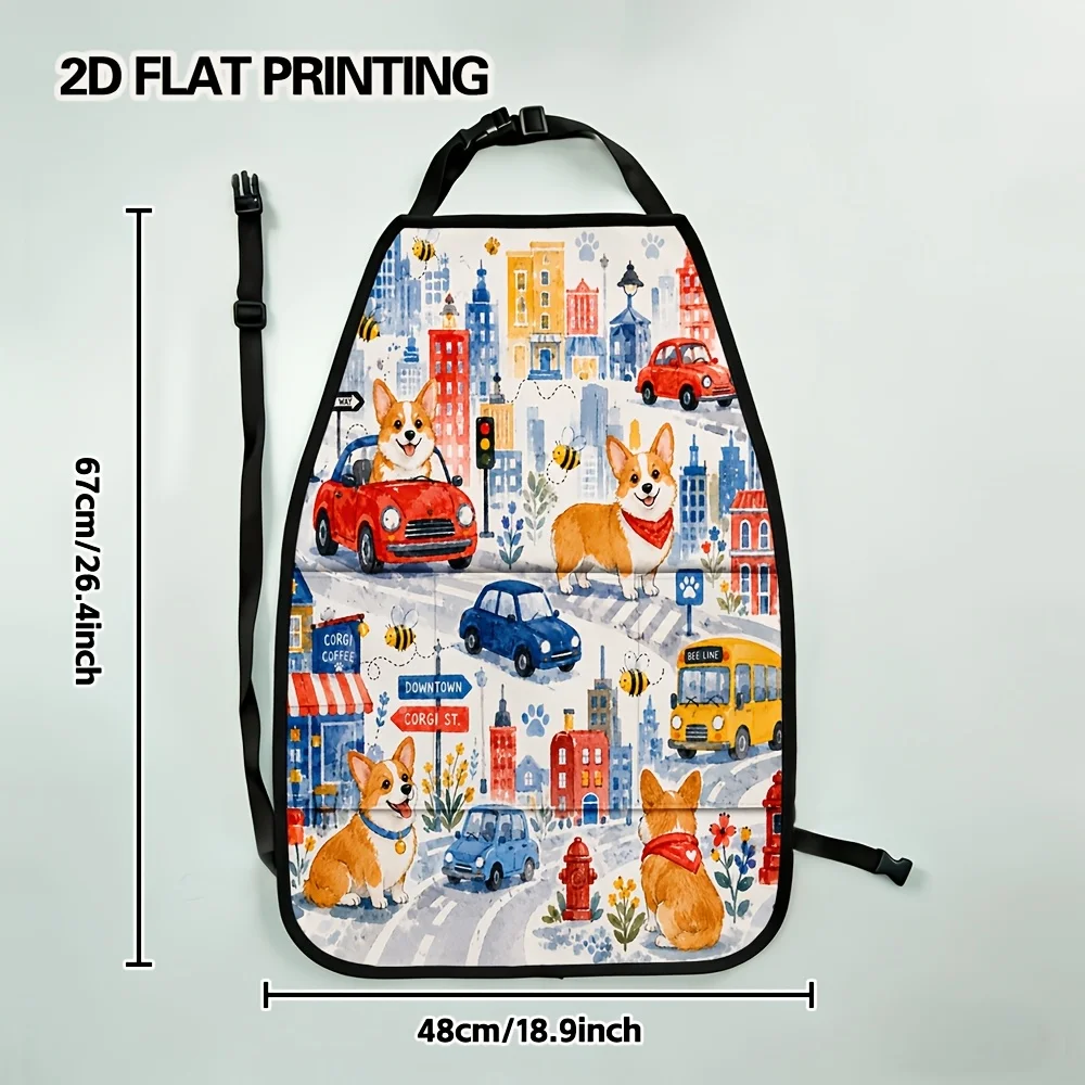 2D Flat, 2pcs Car Seat Kick Mats With Organizer, Versatile Colorful Corgi City Stroll Print Design, Convenient Pockets For Holid