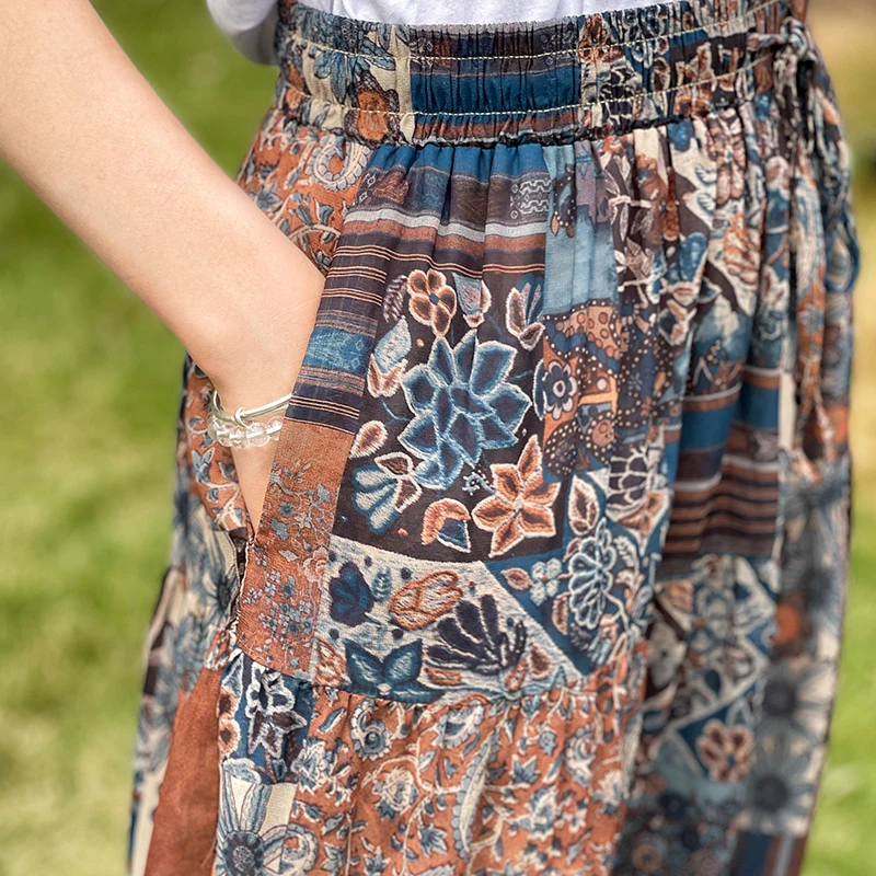 F-Rock aus Seide mit abstraktem Druck und elastischer Taille, lockere Passform, Midirock für Damen, Sommersaison, normal, dünn