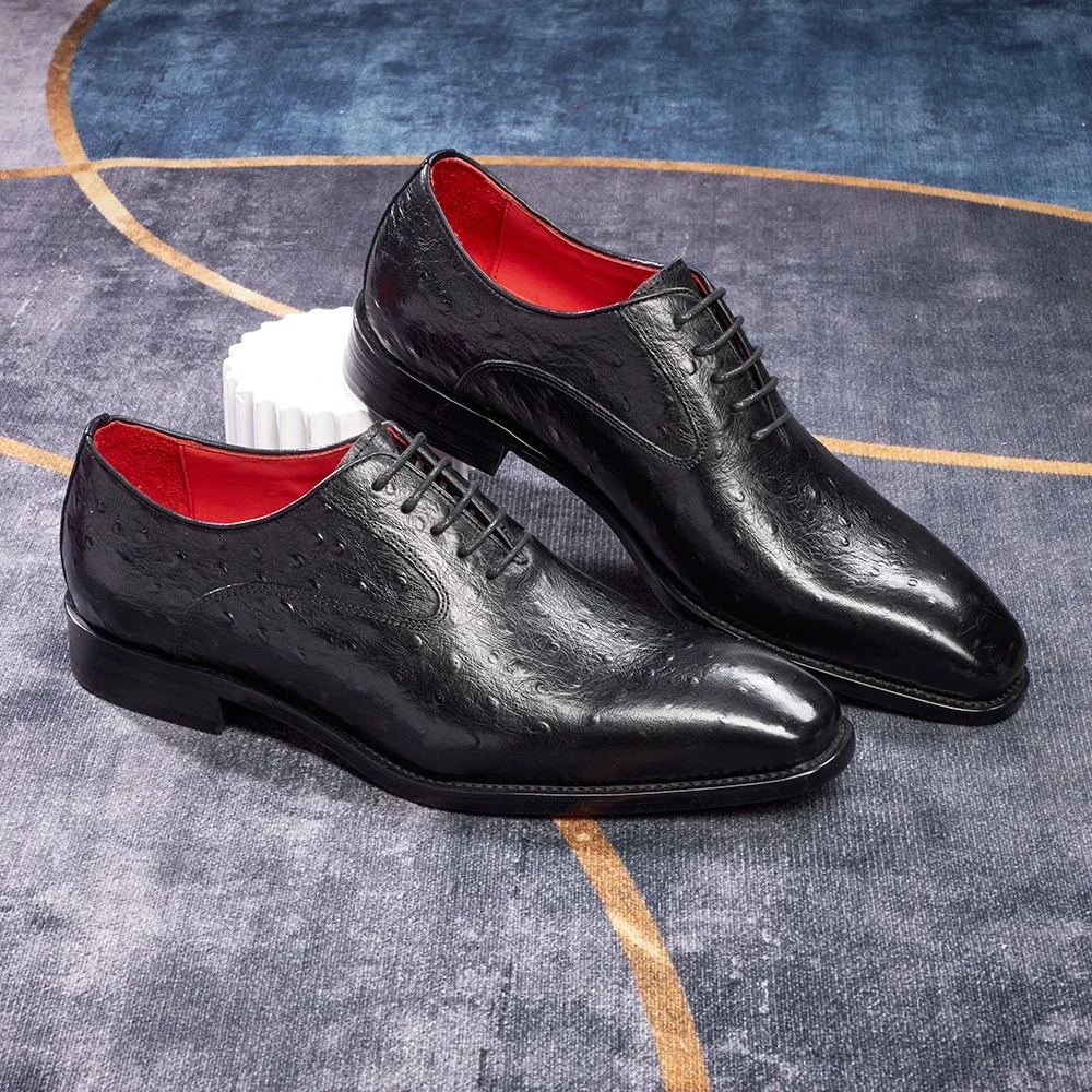 Men's business attire leather shoes, genuine leather shoes, all cowhide, ostrich pattern carved pattern, men's wedding shoes