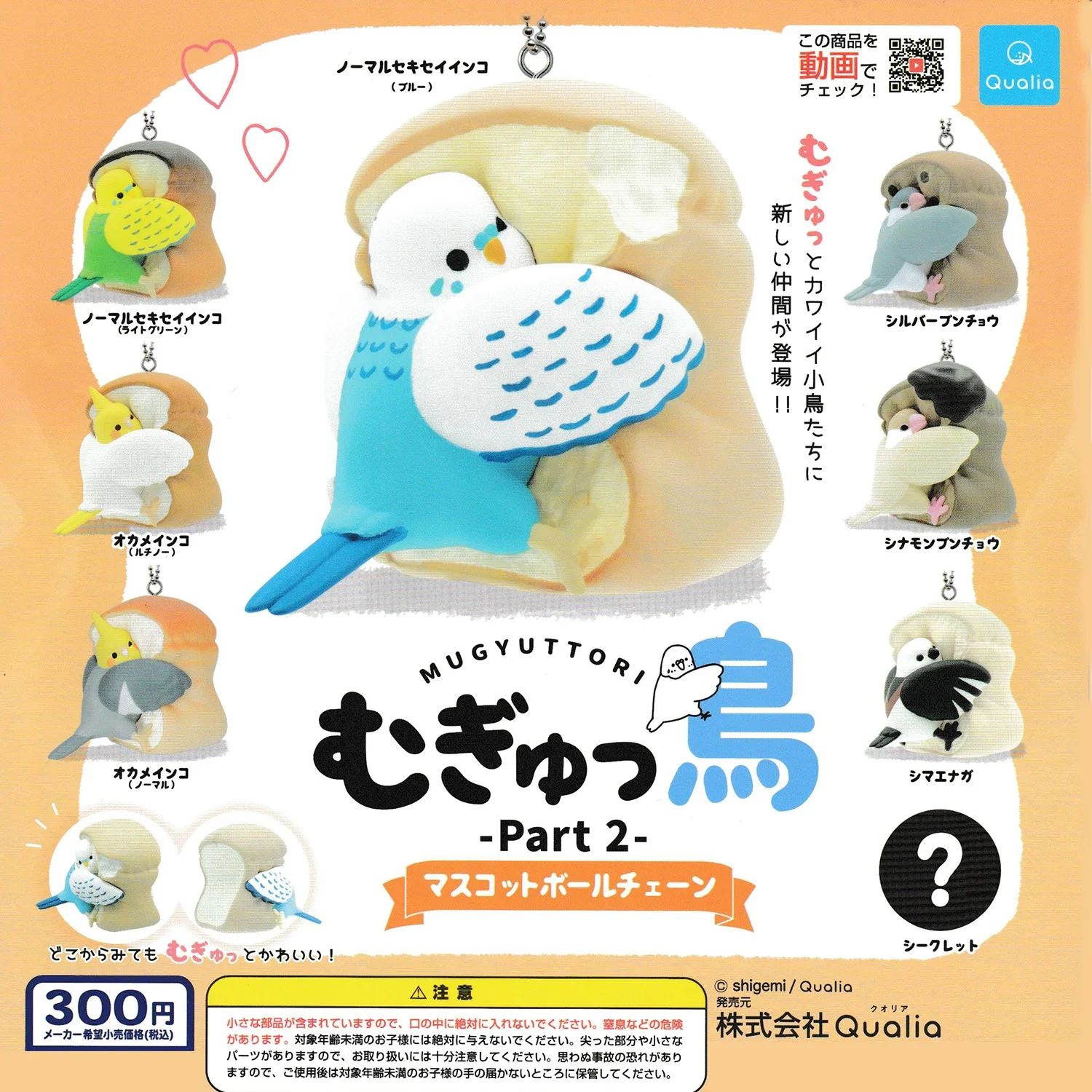 Qualia capsule toys Mugyuttori part.2 Mascot Ball Chain cute litte Parrot cockatiel budgerigar birds hugging bread figures