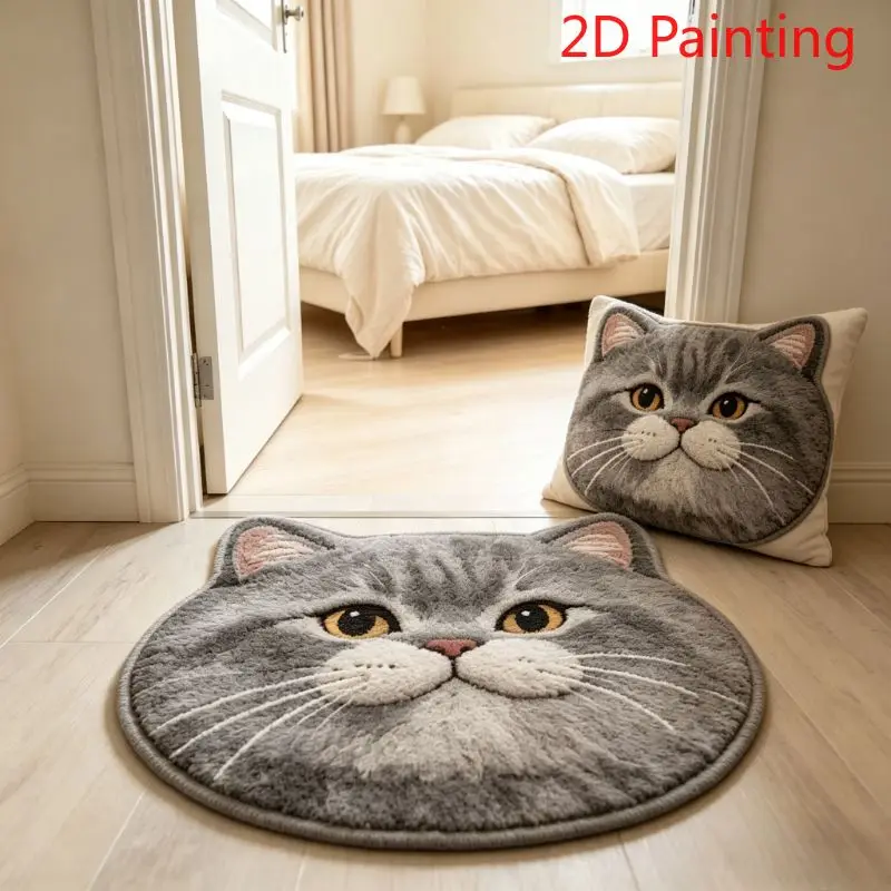 VIKAMA Cute Cat Rug Round Animal Carpet Non-Slip Indoor Outdoor Mat Soft Sound Absorbing Floor Rug for Bedroom Home Decor
