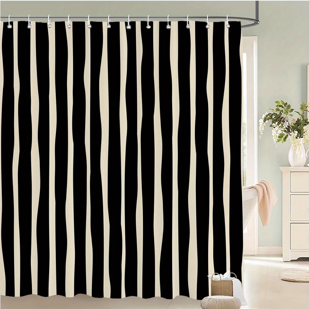 Black & Beige Wavy Stripe Shower Curtain – Abstract Fluid Lines, Modern Minimalist Graphic Design, 12 Hooks, 70.87×70.87 inch