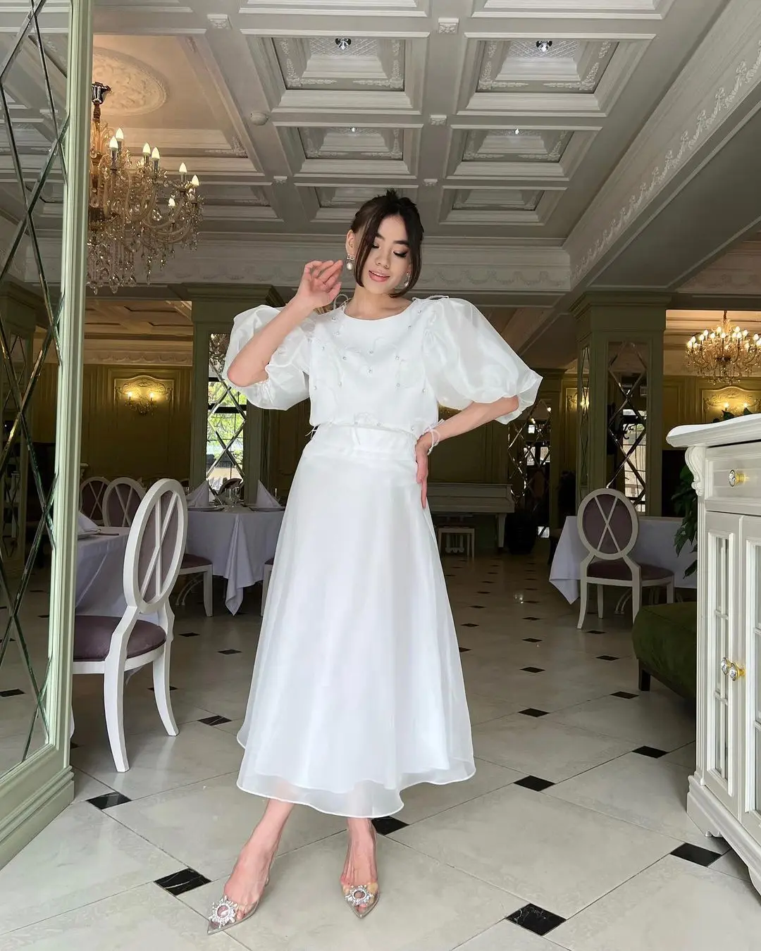 

2023 New Beads Feather Prom Dresses Bubble Half Sleeves A-Line Ankle-length Arabia Robes De Elegant Party Dresses платье женское