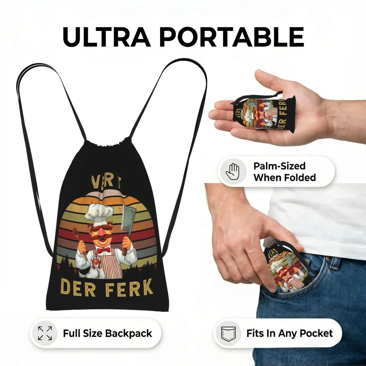 Swedish Chef Drawstring Backpack Sports Gym Bag Portable Travel Drawstring Bag for Men Women