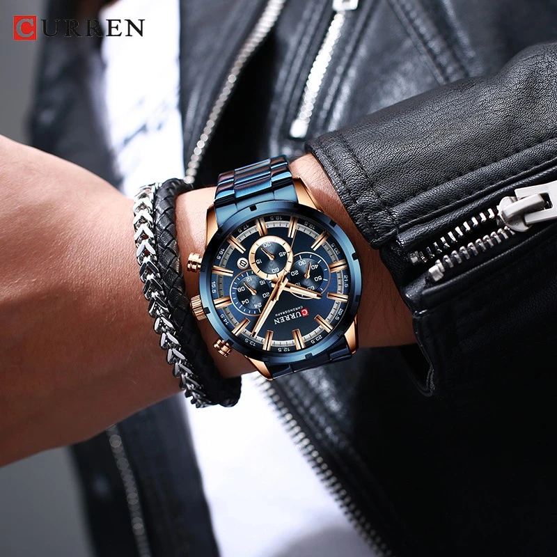 CURREN Top Brand Luxury Military Leather Wrist Watch Casual Sport Watches for Men Blue Man Clock Fashion Chronograph Wristwatch