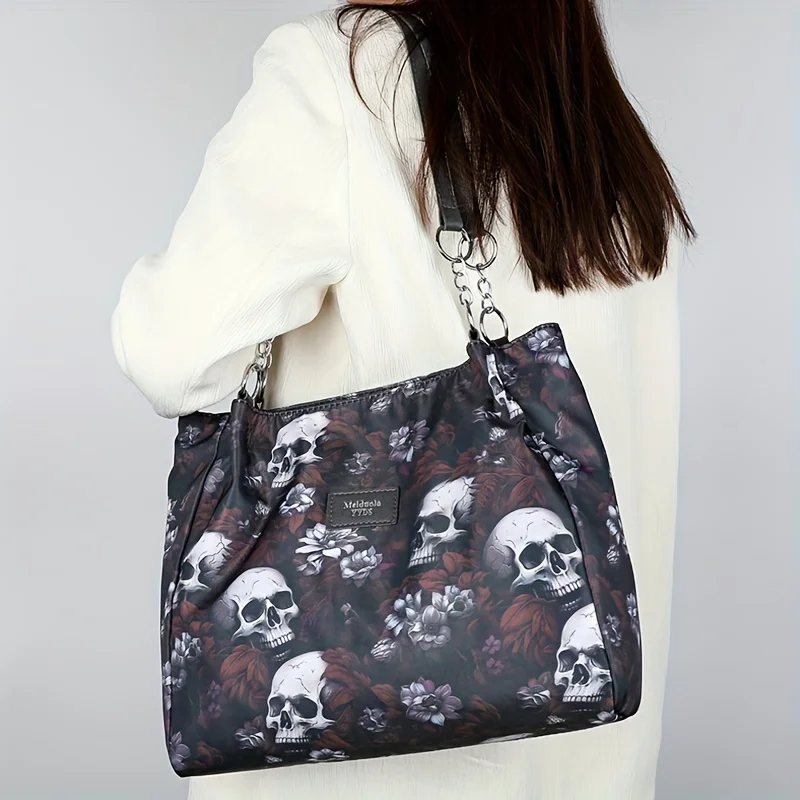 Gothic Skull Pattern Tote Bag, Large Capacity Shoulder Bag, Women\'s Fashion Handbag for Commute Work