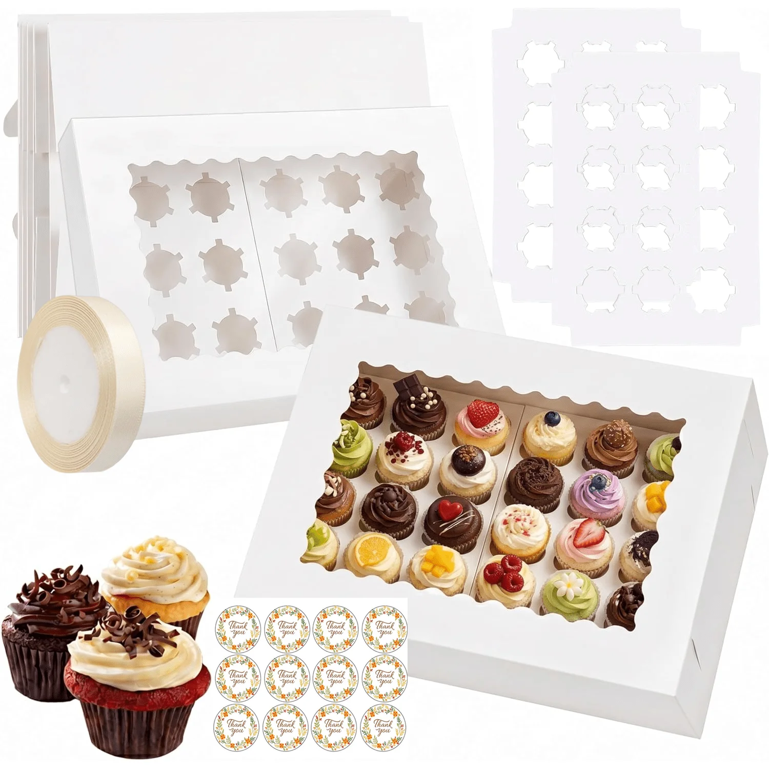 6 Pack Cupcake Boxes with Window Silk Ribbon and stickers, 24 Pcs Mini Cupcakes Container Corrugated White Bakery Boxes 