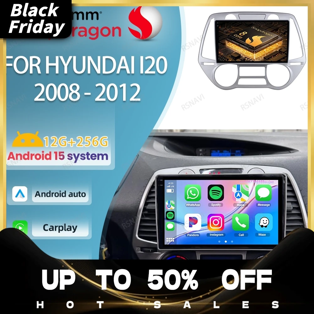 Rádio do carro android 15 para hyundai i20 2008 - 2012 unidade principal gps 4g lte sem fio carplay auto 5g wifi dvd navegação qualcomm qled