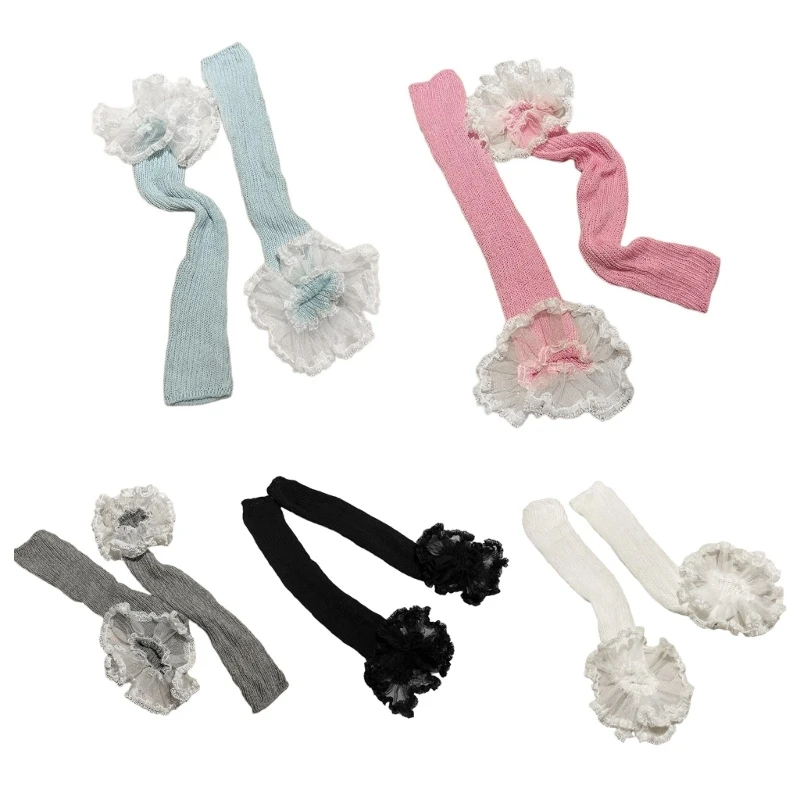 

SZL Ribbed Knit Leg Warmers Long Calf Socks Korean Women Girls Cute Ruffled Mesh Lace Trim Boot Cuffs Leg Covers Stockings