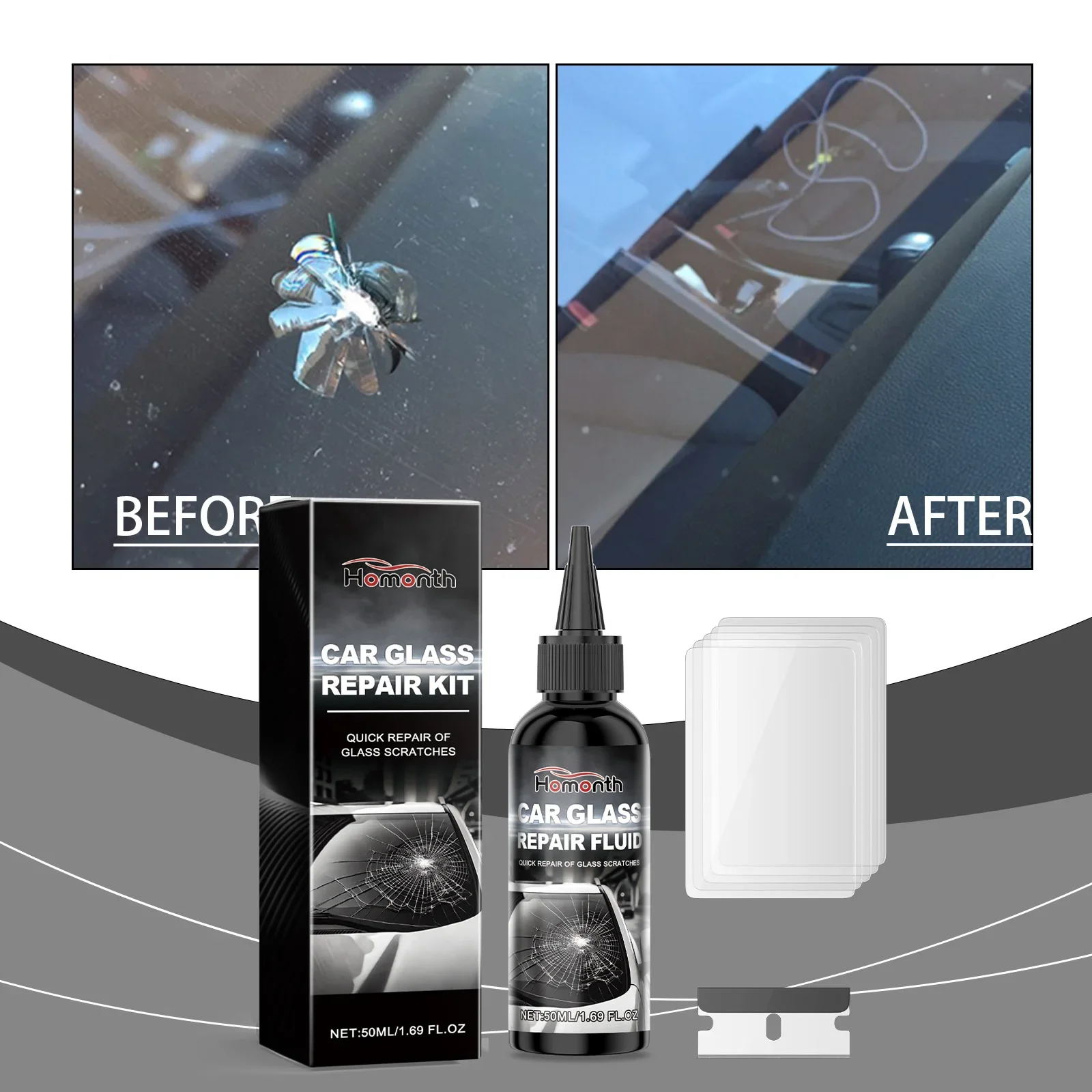 

[Лучший продавец] Комплект царапин на лобовое стекло, 3-ступенчатая полировка, восстановление четкости, простота в использовании | для всех транспортных средств