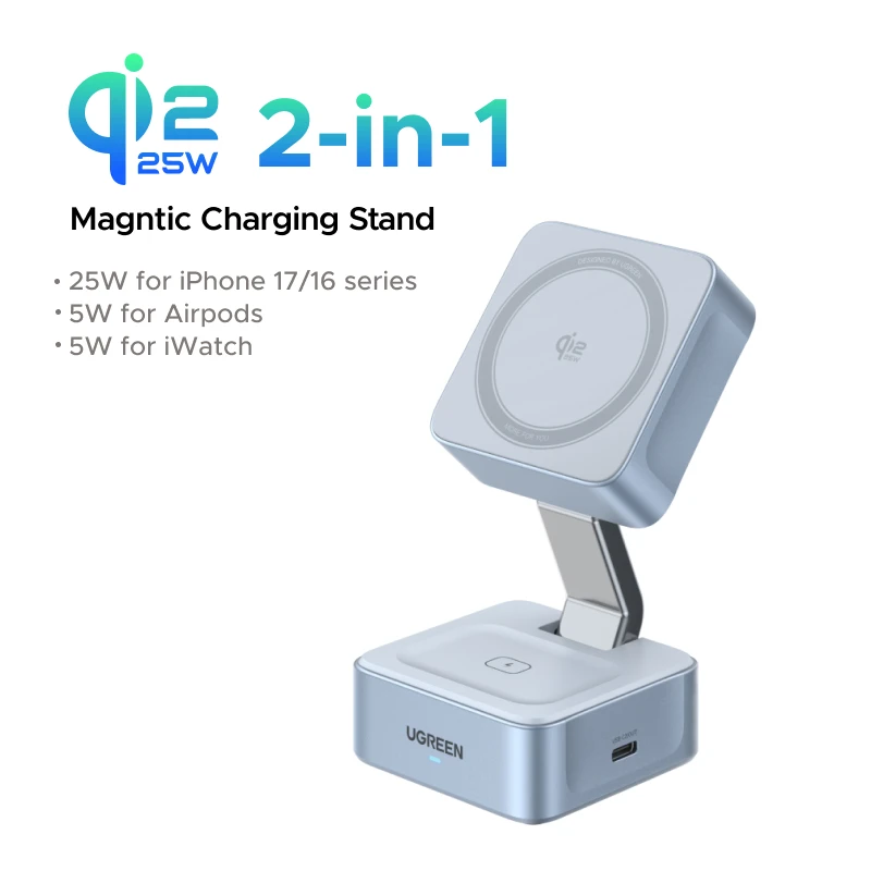 UGREEN Qi2.2 25W 15W 2-in-1 Magnetische Draadloze Oplaadstandaard Snellaadstandaard Oplader voor iPhone 16 17/AirPods Magflow Oplader