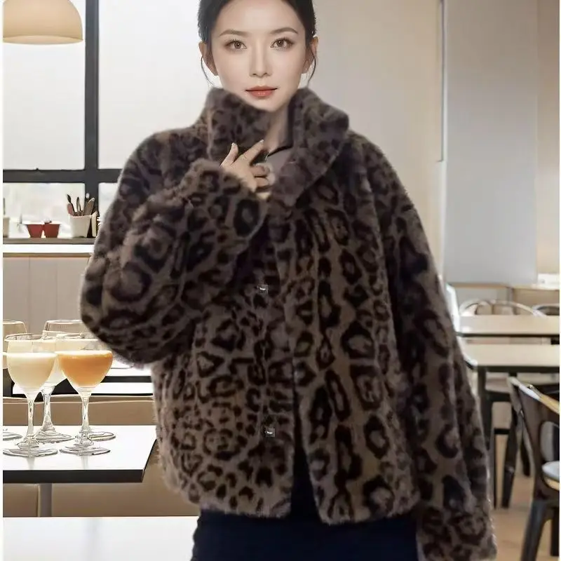 

Single Breasted Faux Fur Leopard Jackets Women Thick Fur Outerwear Turn Down Collar Long Sleeve Coat Winter Warm High Street