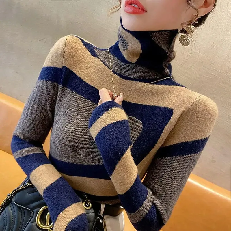 Women\'s Pullover Slim All-match Turtleneck Plaid T-shirt Autumn and Winter 2023 New Fashion Long Sleeve Tops Female Clothing