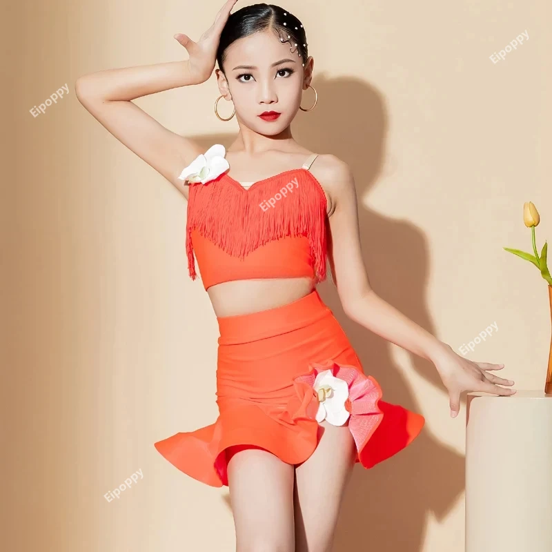 Vêtements de danse latine à franges pour filles, costume de salsa de compétition pour enfants, robes de tango de salle de Rhpour enfants