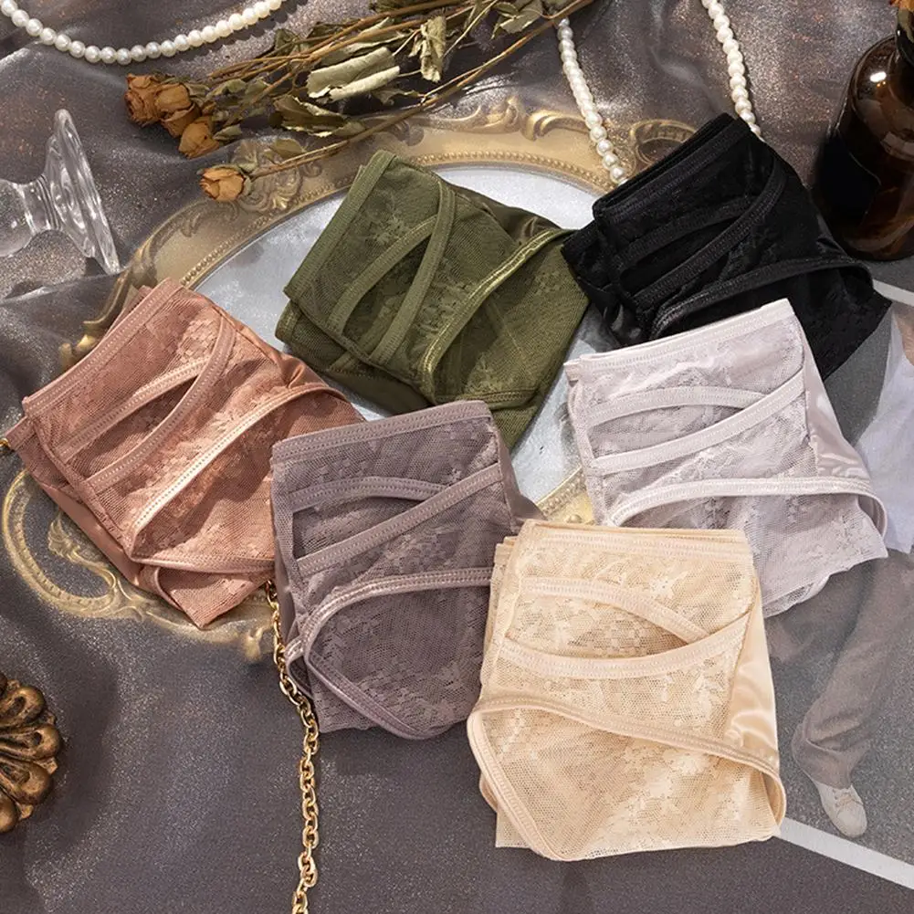 

Sexy Mid Rise Women's Underwear Lace Satin Briefs Soft Sleep Lingeries Sexy Hot Plus Size Triangle Pants Japanese Woman Panties