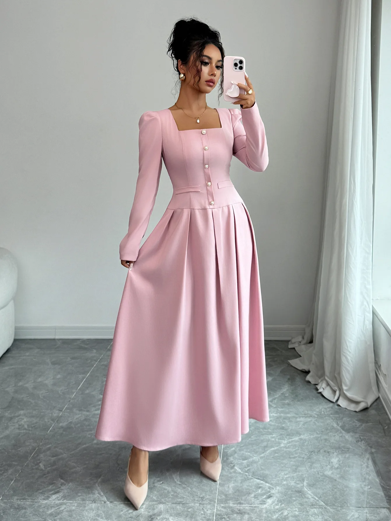 

Women's Dress Best Seller Pink Square Neck Puff Long Sleeve Button Front Pleated Maxi Dress Party Wedding Guest Office Dress