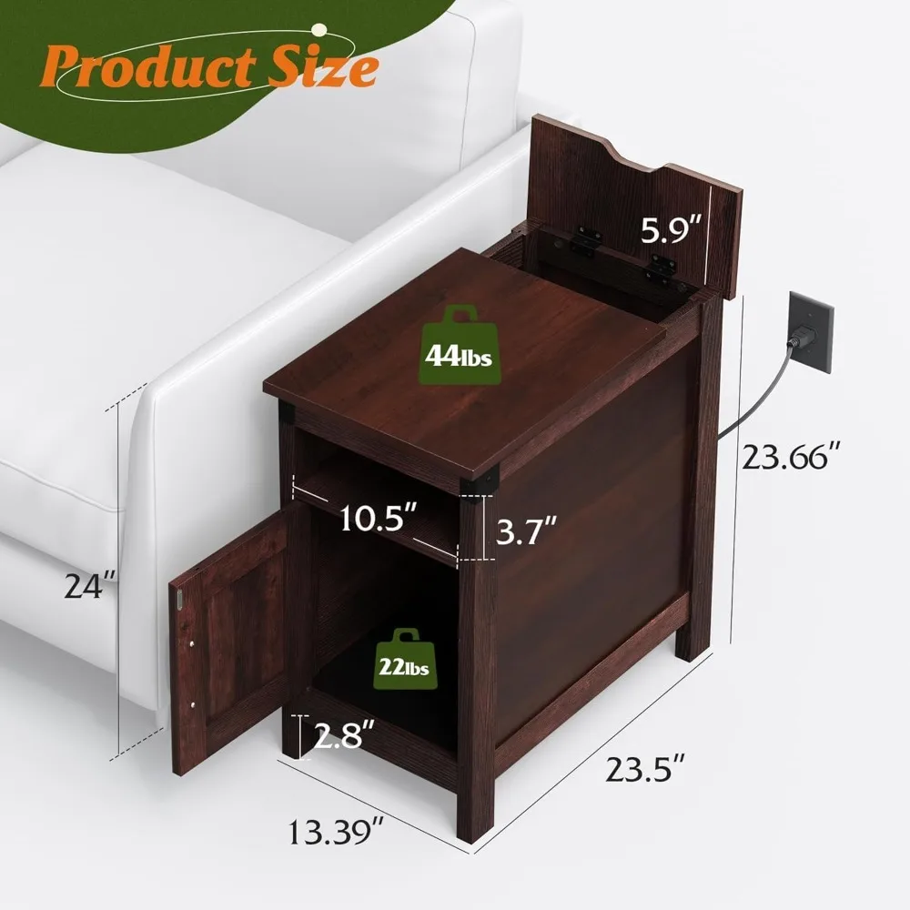 End Table with Charging Station, Narrow Side Table for Living Room, Farmhouse Night Stand with Storage, Small Wooden Cabin