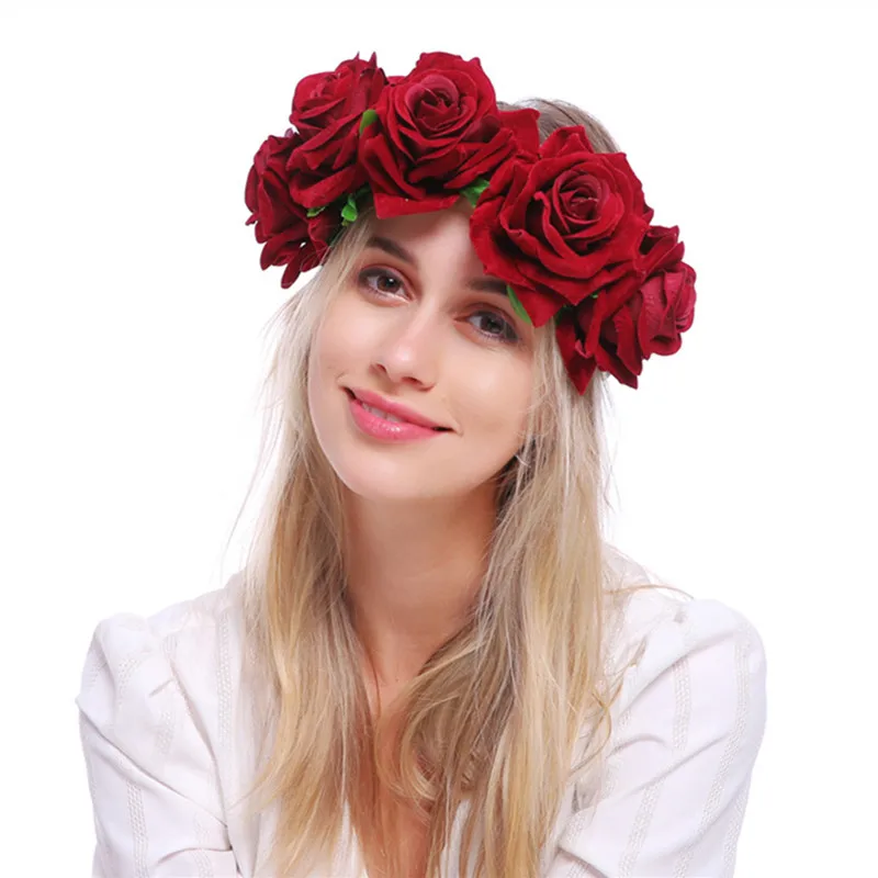 opaska kwiaty na wesele big rose flowers crown for women queen wedding bridal wreath girls garland elastic black purple red hair