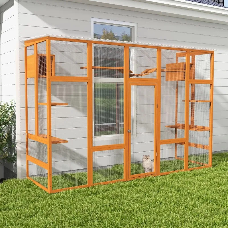 

Orange Wooden Enclosure with 6 Jumping Platforms 2 Condos Scratching Board Bridge Pet Furniture