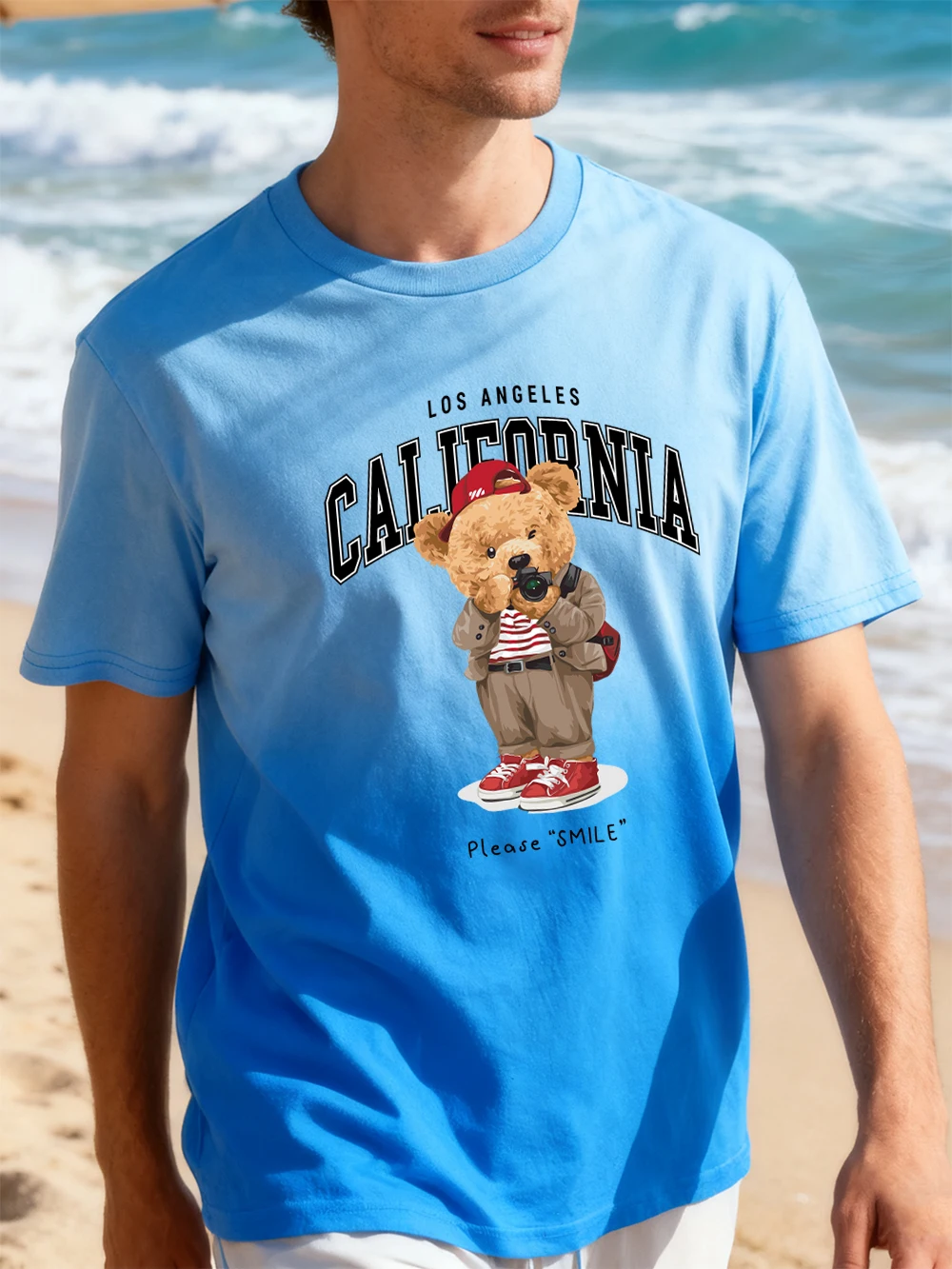 Camiseta de algodón con tinte degradado de oso en EE. UU., pantalón corto informal para mujer, camisetas suaves de manga larga, Tops de gran tamaño, ropa de verano con cuello redondo