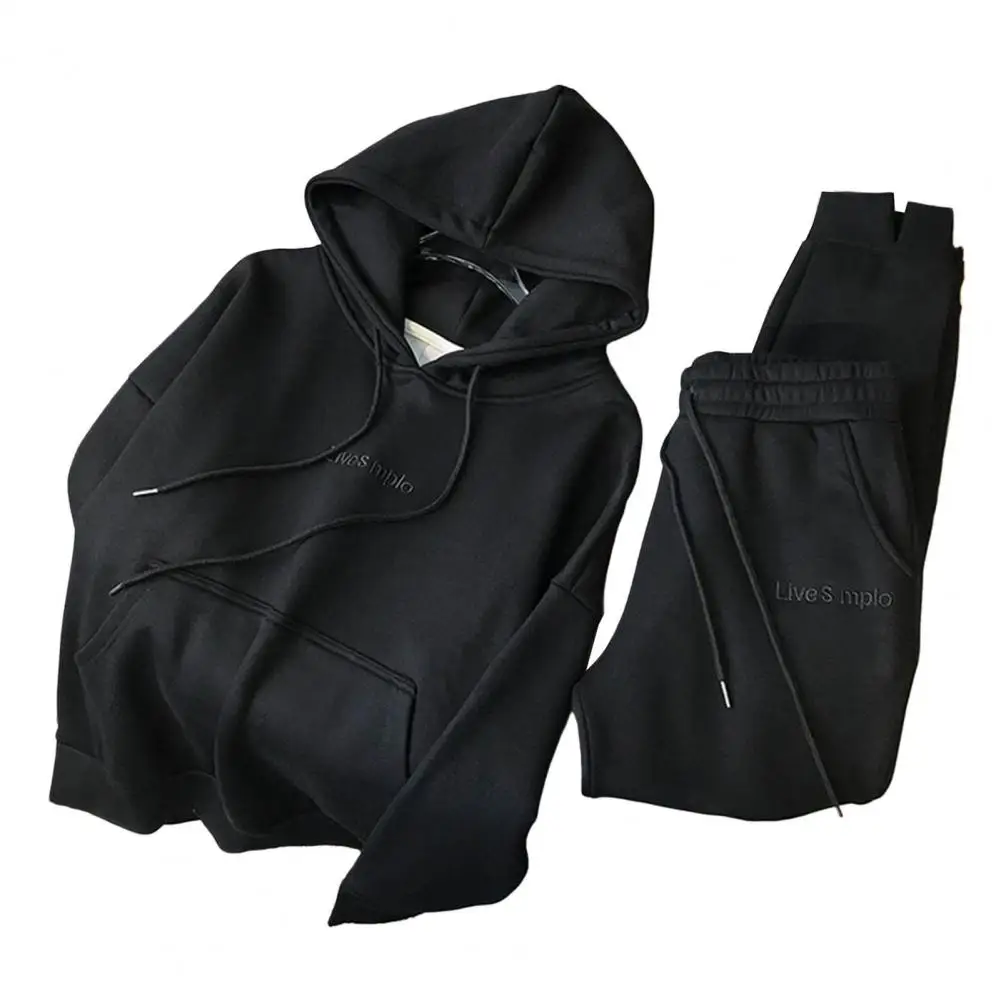 Top Trousers Set Shrinkable Hem Solid Color Women Hoodie Jogging Pants Suit Pockets Fleece Lining Casual Outfit Streetwear