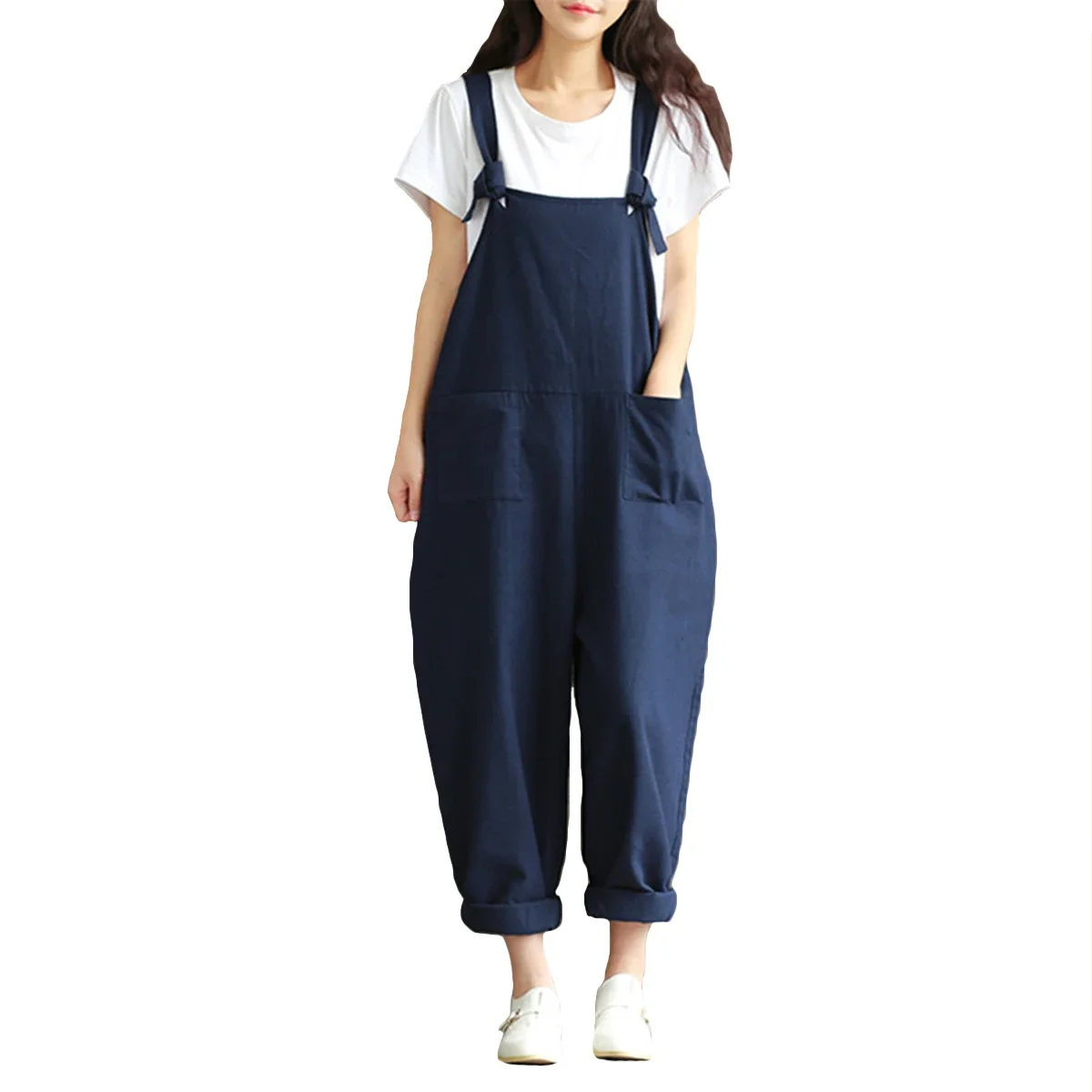 Fashion Women Casual Loose Solid Jumpsuit Spring Strap Dungaree Harem Trousers with Pockets Overalls Plus Size 5XL