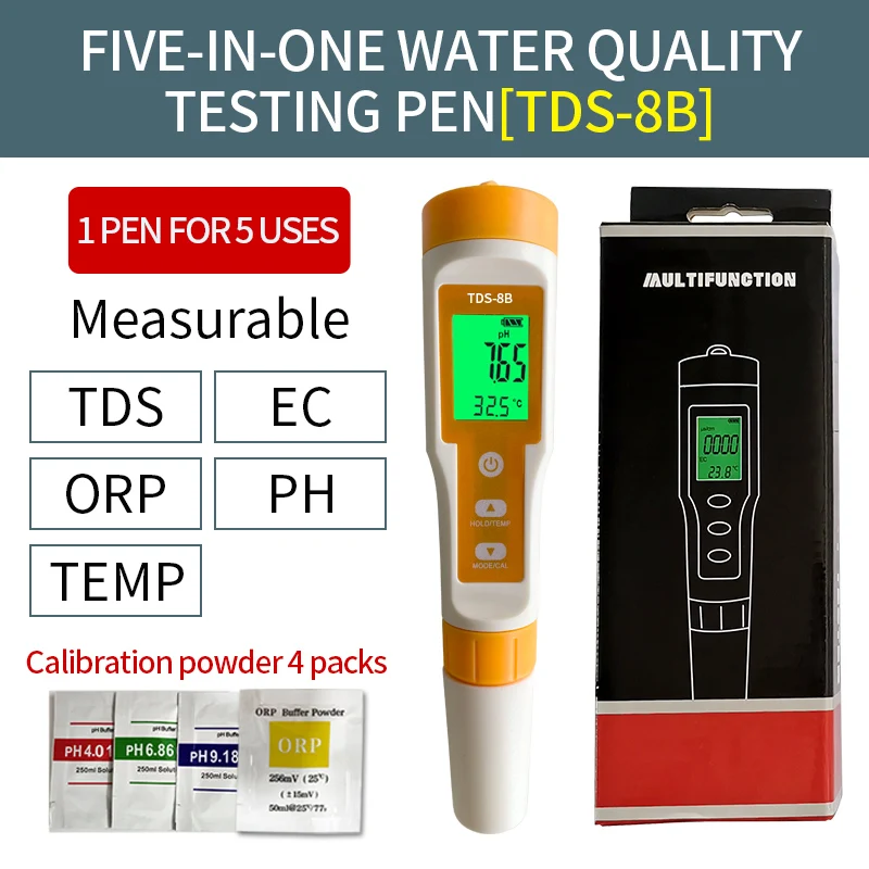 

5 in 1 TDS/EC/ORP/PH/TEMP Meter Tester Water Quality Meter Monitor for Pools, Drinking Water, Aquariums