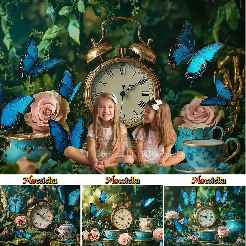 

Green Wonderland Background Photography Clock Blue Butterfly Forest Backdrop Decor Kid Baby Birthday Cake Smash Photozone Studio