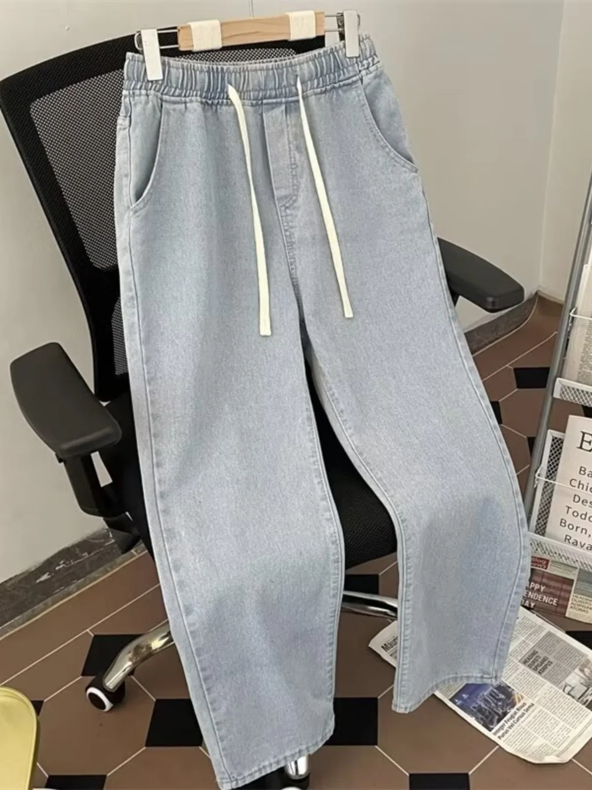 

Loose Fit Straight Leg Men's Jeans Elastic Waist Casual Long Trousers Light Blue Trendy Brand Spring Autumn New Sle
